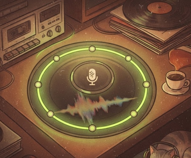 Illustration of a glowing disc groove with a microphone at its centre